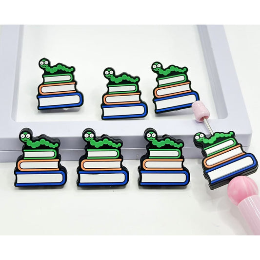 Green Mini Cute Worm with Books Silicone Focal Beads