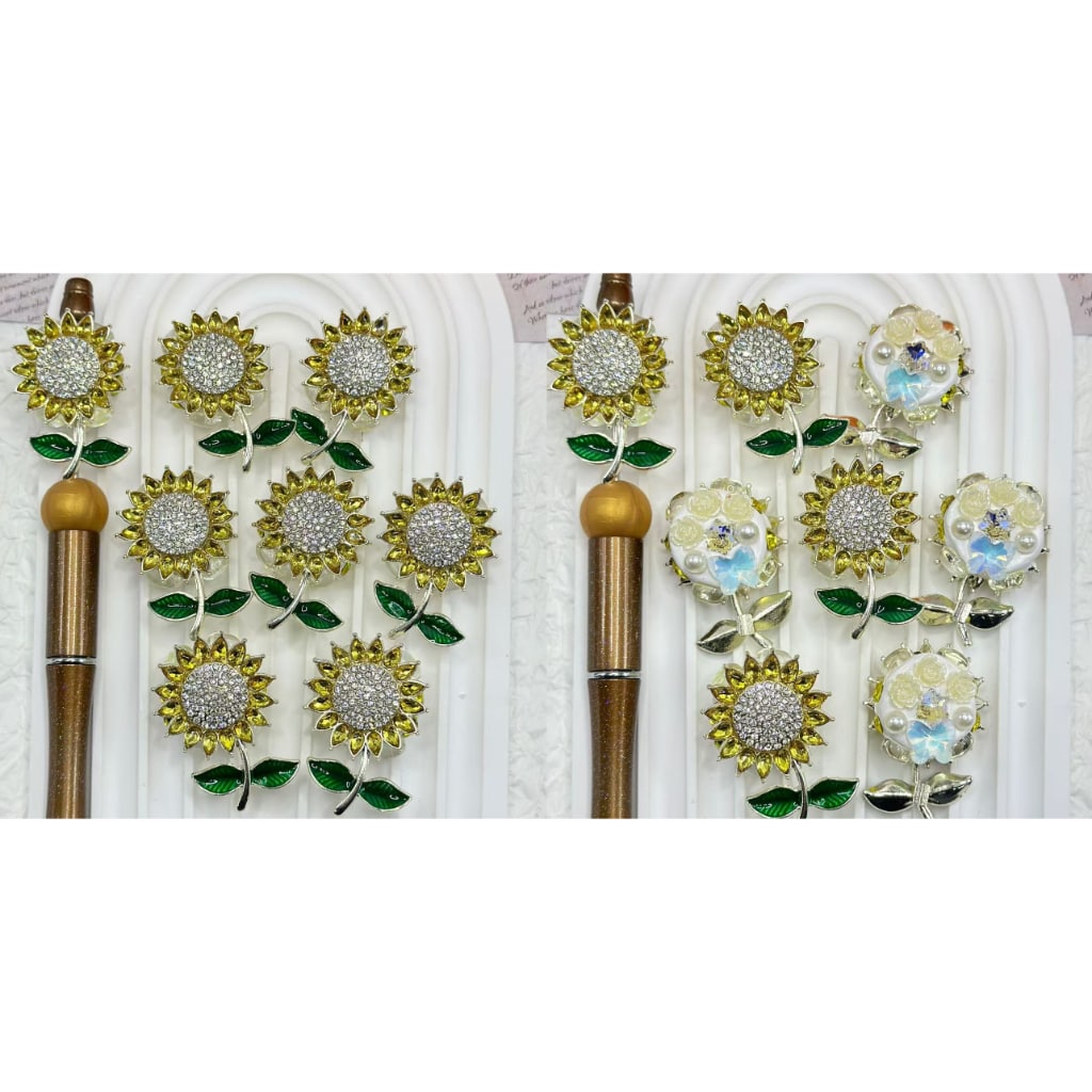 Cute Alloy Sunflower with Small Bling Bling Flowers White Pearls Shiny Rhinestones Star Butterfly Diamonds Clay Beads, Around 40*28MM