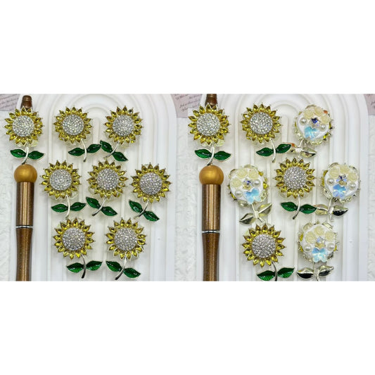 Cute Alloy Sunflower with Small Bling Bling Flowers White Pearls Shiny Rhinestones Star Butterfly Diamonds Clay Beads, Around 40*28MM