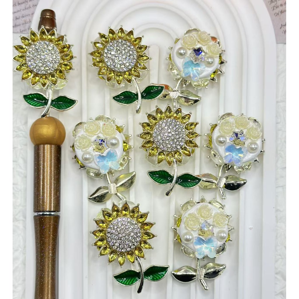 Cute Alloy Sunflower with Small Bling Bling Flowers White Pearls Shiny Rhinestones Star Butterfly Diamonds Clay Beads, Around 40*28MM