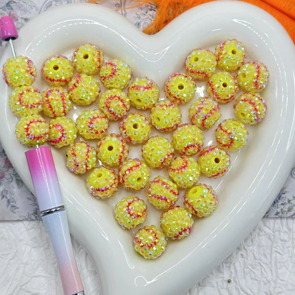 Round Yellow White Baseball with AB Color Rhinestones Bling Bling Acrylic Beads, 16MM