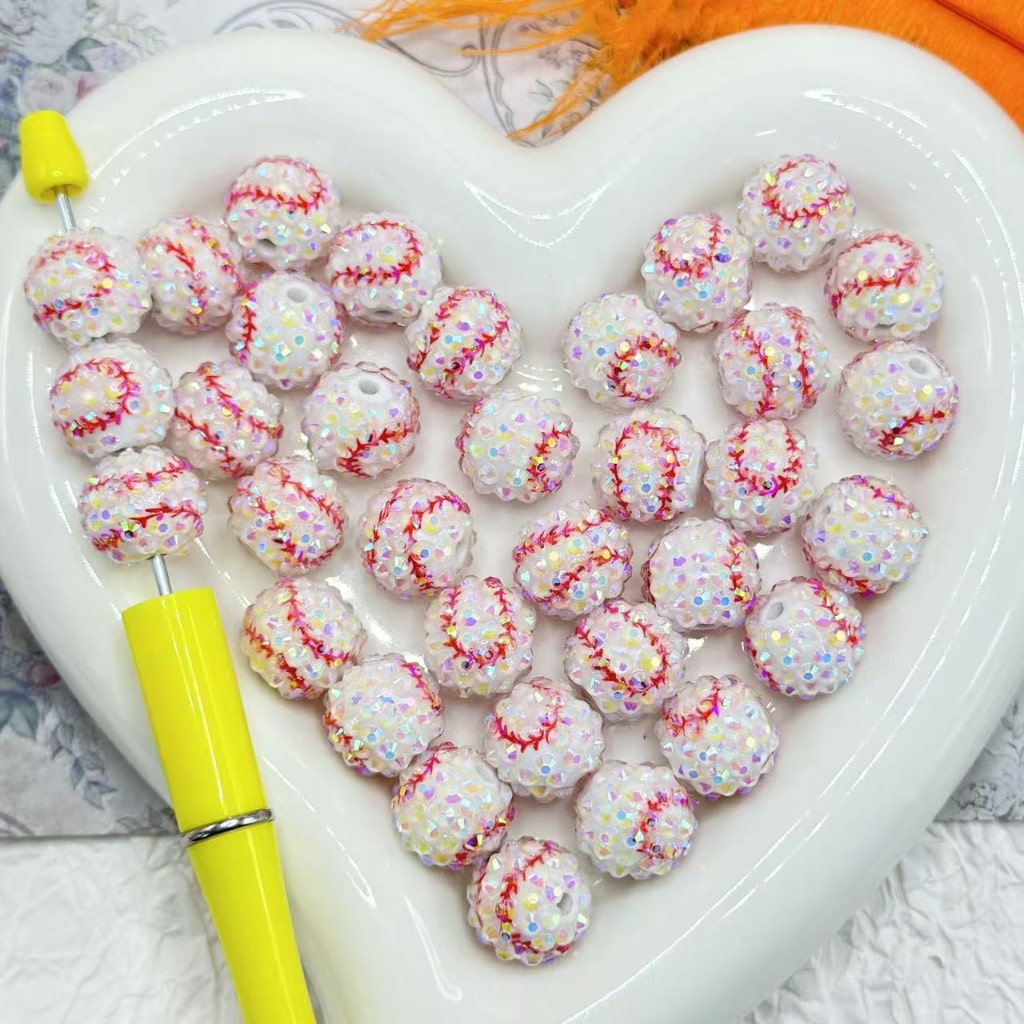 Round Yellow White Baseball with AB Color Rhinestones Bling Bling Acrylic Beads, 16MM
