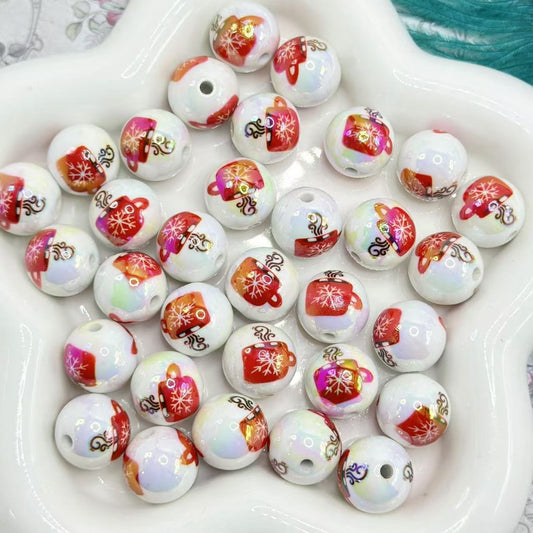 Red Coffee Cup with Snow Flakes Design White Round UV Finish Acrylic Beads, 16MM