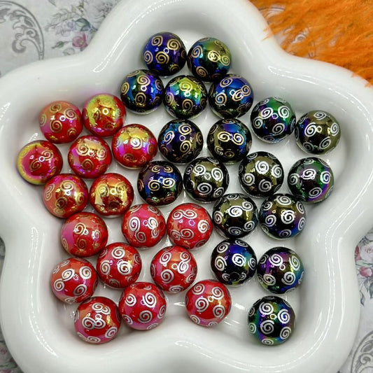 Round White & Gold Swirls Stripes Black & Red Acrylic Beads , 16MM
