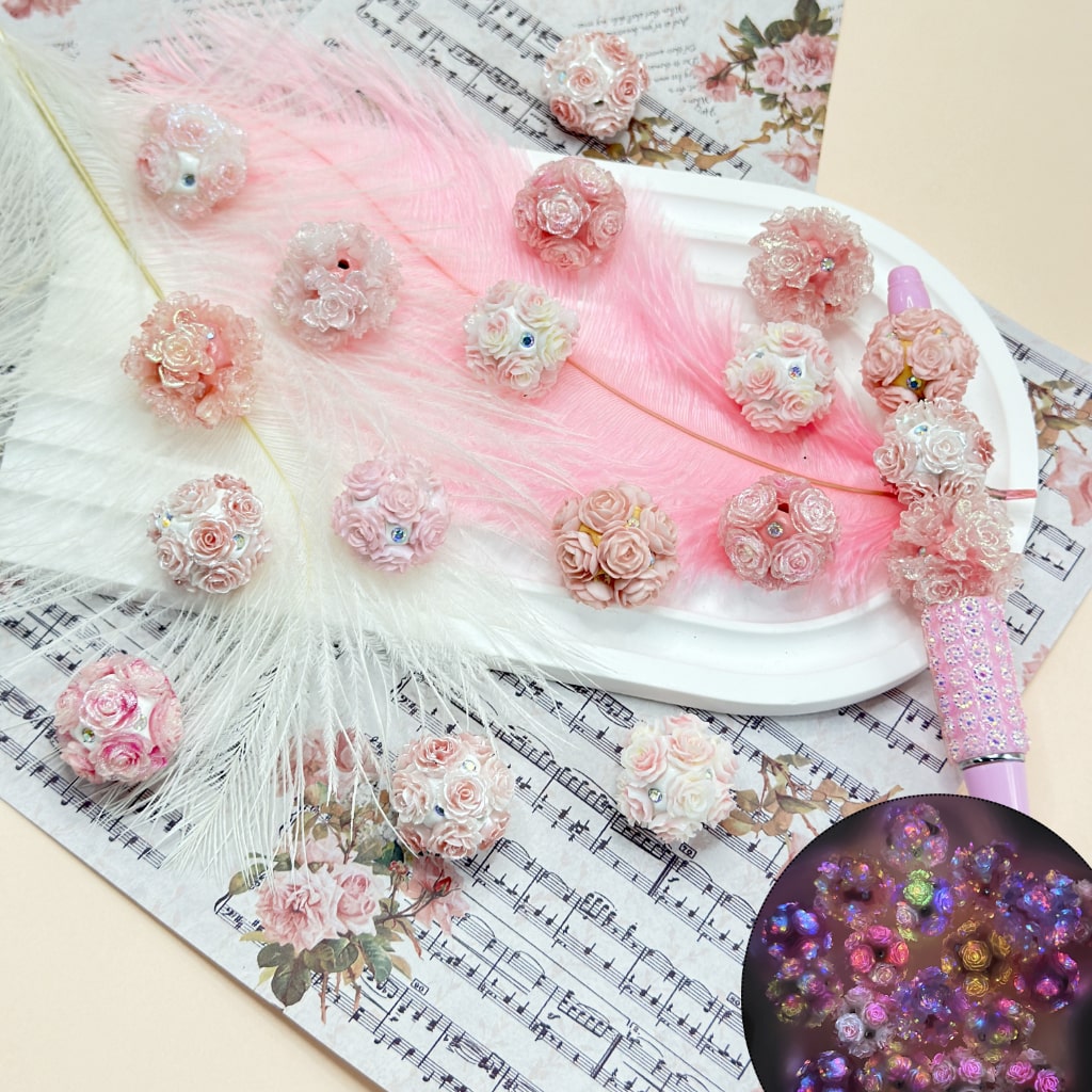 Exquisite Bling Bling Luminous Pink Rose Flowers AB Color Mini Rhinestones Round Clay Beads, Random Mix, Around 20MM