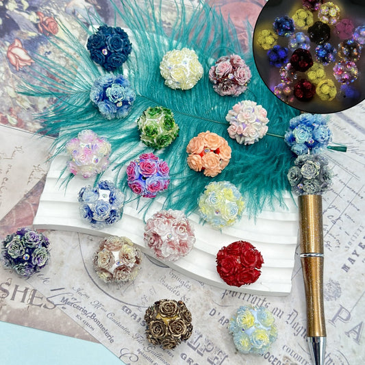 Shiny Glittery Luminous Round Clay Beads with Mini Cute Multi-Color Flowers and AB Color Mini Rhinestones, Random Mix, Around 22MM