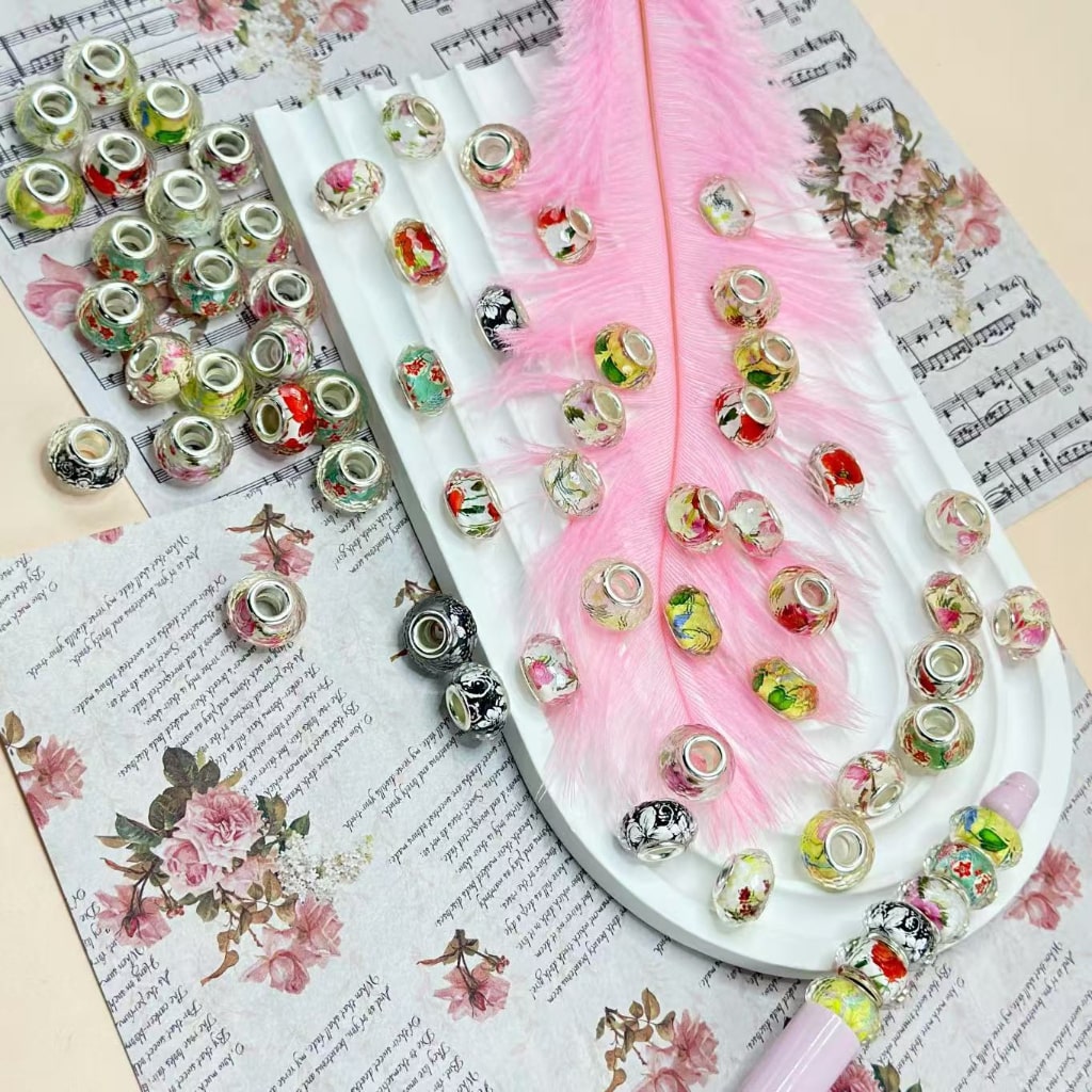 Colorful Flowers Design Inside with Big Hole, Flat Wheel Abcaus Clear Acrylic Beads Random Mix, 14MM