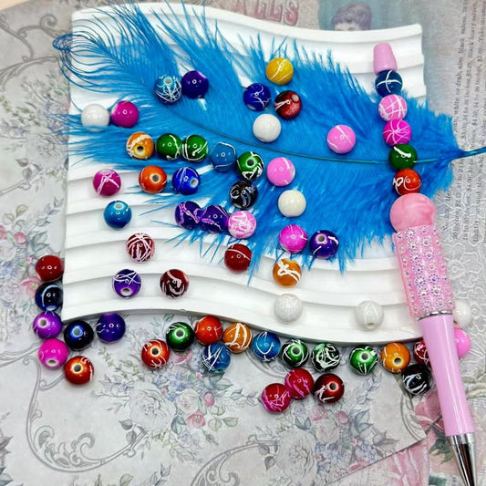 Mini Multi Color White Stripes Printed Round Acrylic Waist Beads for Jewelry Making 10mm Random Mix