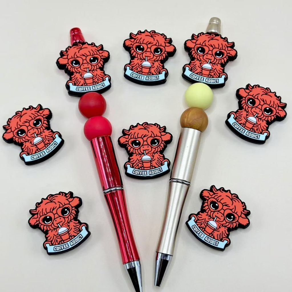 Drinks Coffee Little Cute Red Cow with Coffee Addict Heart Glasses Silicone Focal Beads