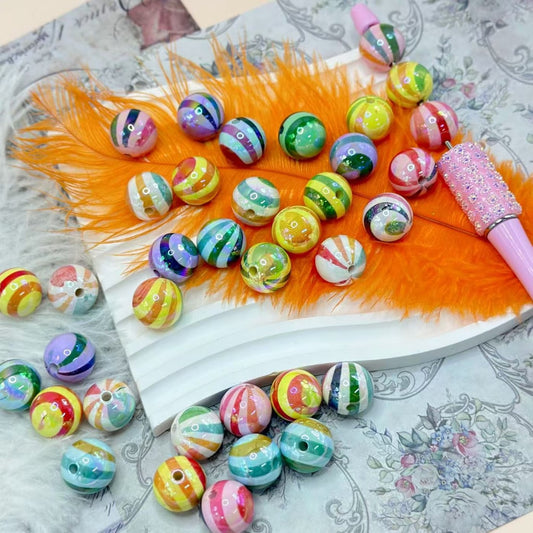 Shiny Multi-Color Stripes Round UV Finish Acrylic Beads, Random Mix, 16MM