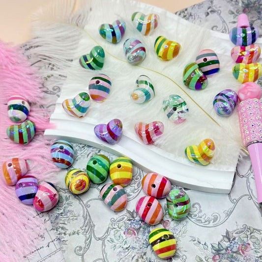 Multi-Color Heart UV Finish Acrylic Beads with Colorful Stripes, Random Mix, 20*15MM