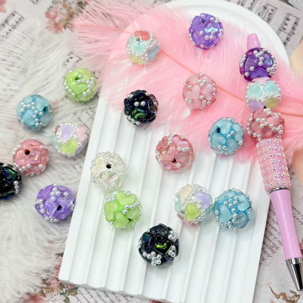Multi-Color Bling Bling White Pearls Clear Hearts Round Clay Beads, 20MM