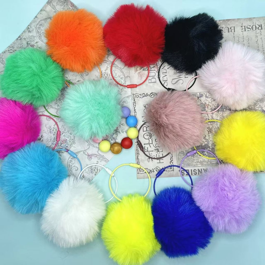 Fluffy Pom Pom Balls with Elastic Loop 80MM with Metal Keychain Ring Loop , Random Mix