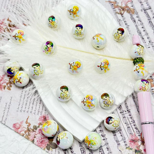 Cute Cupid Angel Goddess of Love Arrow White Round UV Finish Acrylic Beads, Random Mix, 16MM
