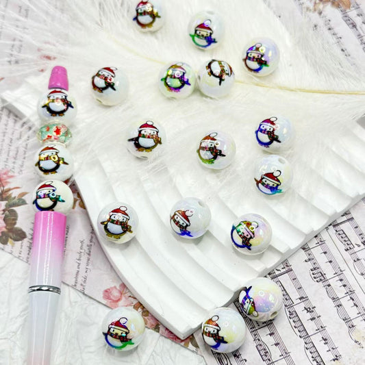 Cute Penguin in a Red Christmas Hat White Round UV Finish Acrylic Beads, Random Mix, 16MM