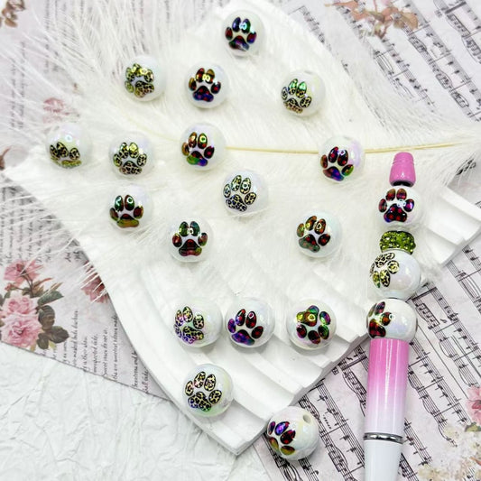 Cute Paw Prints White Round UV Finish Acrylic Beads, Random Mix, 16MM