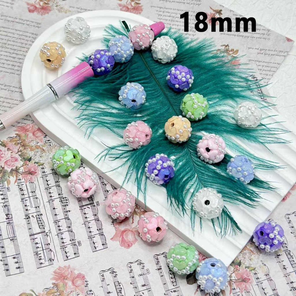 Delicate Glittery Hearts and White Pearls Multi Color Round Clay Beads, Random Mix, 18MM