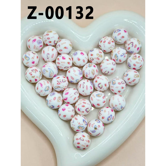 Round Printed Love Valentines Heart Kiss White Silicone Beads 15mm, Number Z-00132
