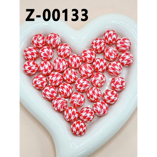 White Round Printed Abstract Red Geometry Designs Silicone Beads 15mm, Number Z-00133
