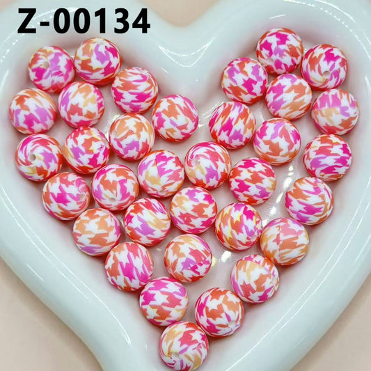 White Round Printed Multi-Color Abstract Geometry Designs Silicone Beads 15mm, Number Z-00134