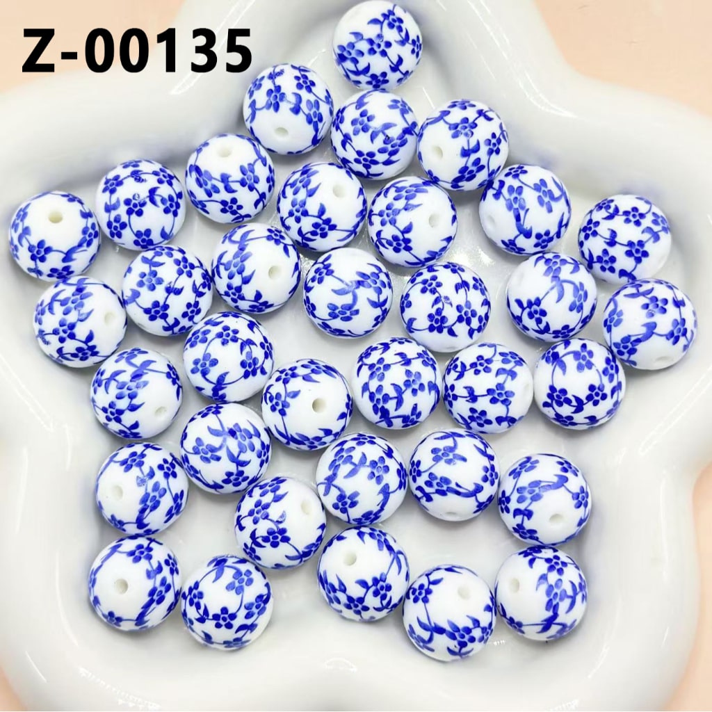 Blue Flowers on White Background, Blue and White Printed Silicone Beads, Size 15mm, Number Z-00135