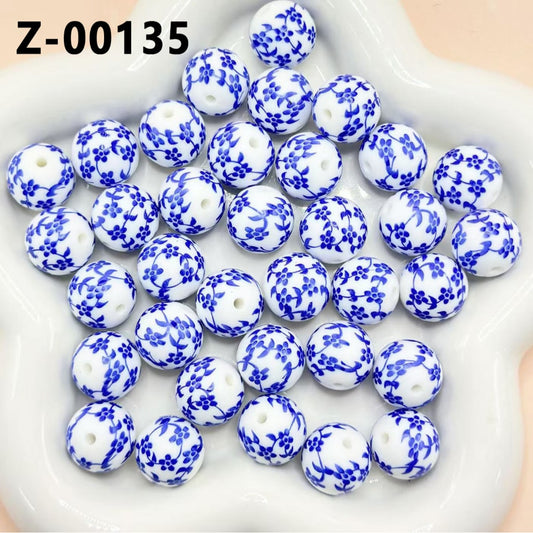Blue Flowers on White Background, Blue and White Printed Silicone Beads, Size 15mm, Number Z-00135