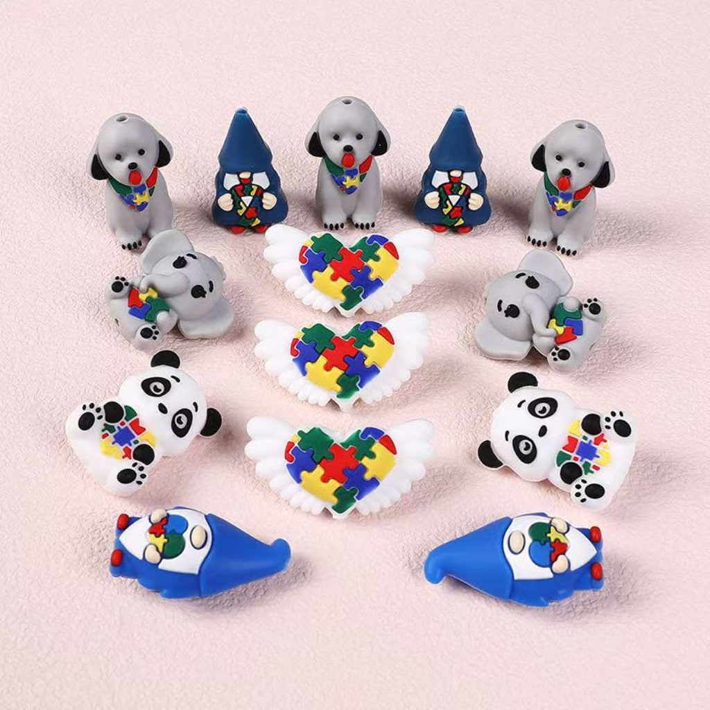 Heart Panda Elephant Dog Gnome Ribbon 3D Autism Series Silicone Focal Beads