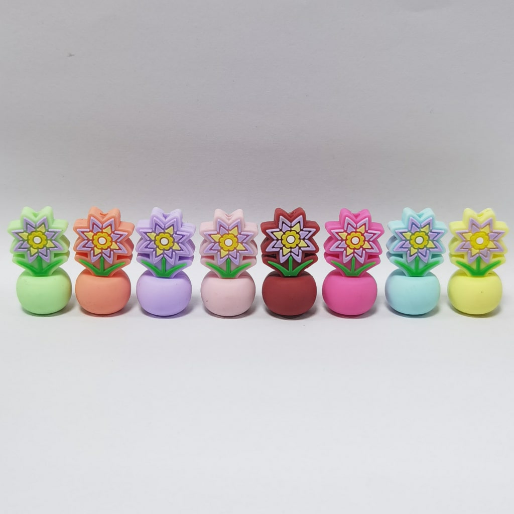 3D Cute Colorful Flower Pot Bonsai Silicone Focal Beads, Random Mix