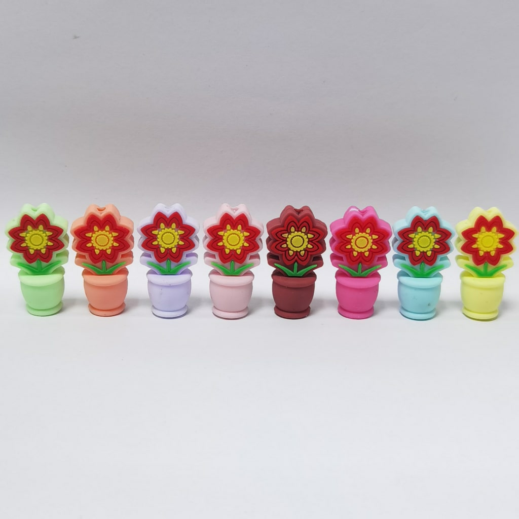 3D Mini Colorful Flower Pot Bonsai Silicone Focal Beads, Random Mix