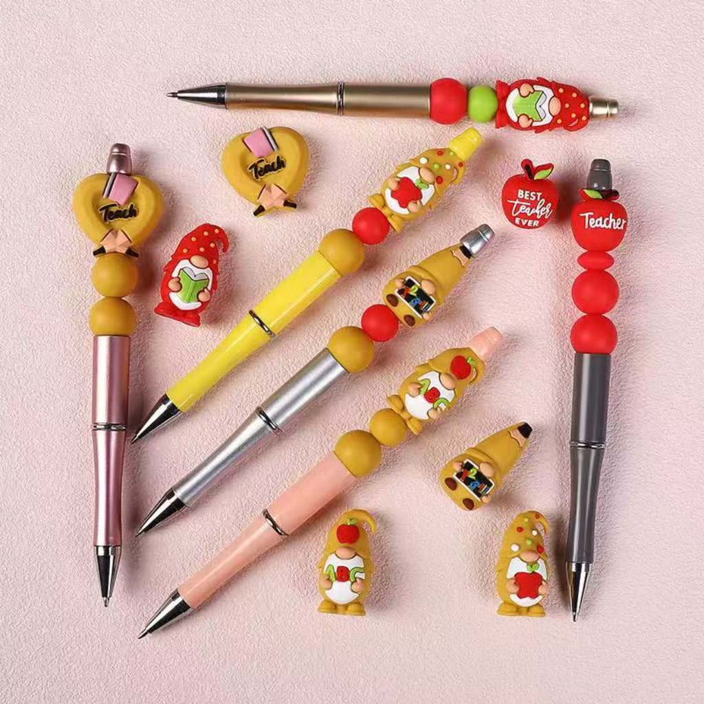 3D Red Yellow Gnomes Teachers ABC 123 Pencils Hearts School Books Red Apples Silicone Focal Beads