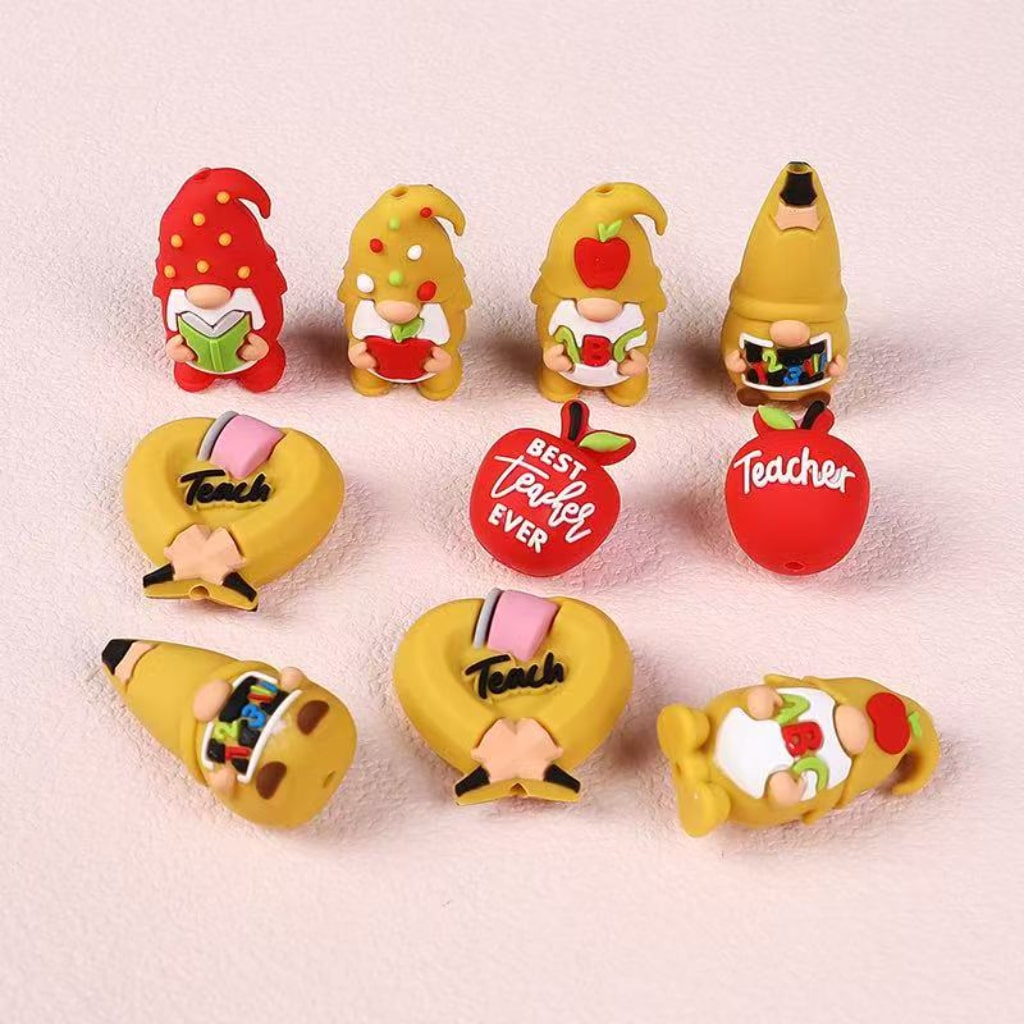 3D Red Yellow Gnomes Teachers ABC 123 Pencils Hearts School Books Red Apples Silicone Focal Beads