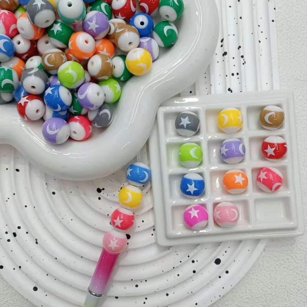 Moon Five-Pointed Star Colorful Crescent Round Acrylic Beads, Random Mix, 16MM
