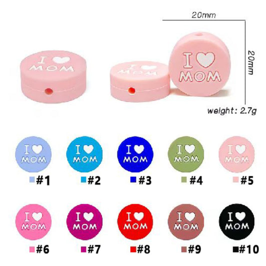 Round Silicone Focal Beads with I Love Mom Print, Random Mix
