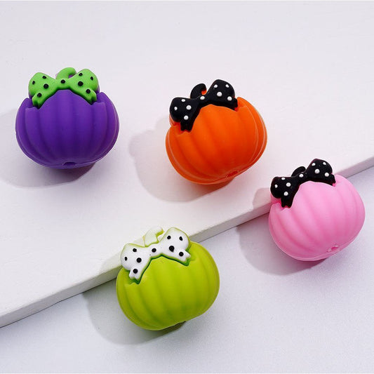 Mini 3D Halloween Pumpkin Silicone Focal Beads with Cute Bows