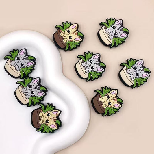 Adorable Little Cat Kitten Sitting in Flower Plant Pot Bonsai Silicone Focal Beads, Perfect for Animal Crafts
