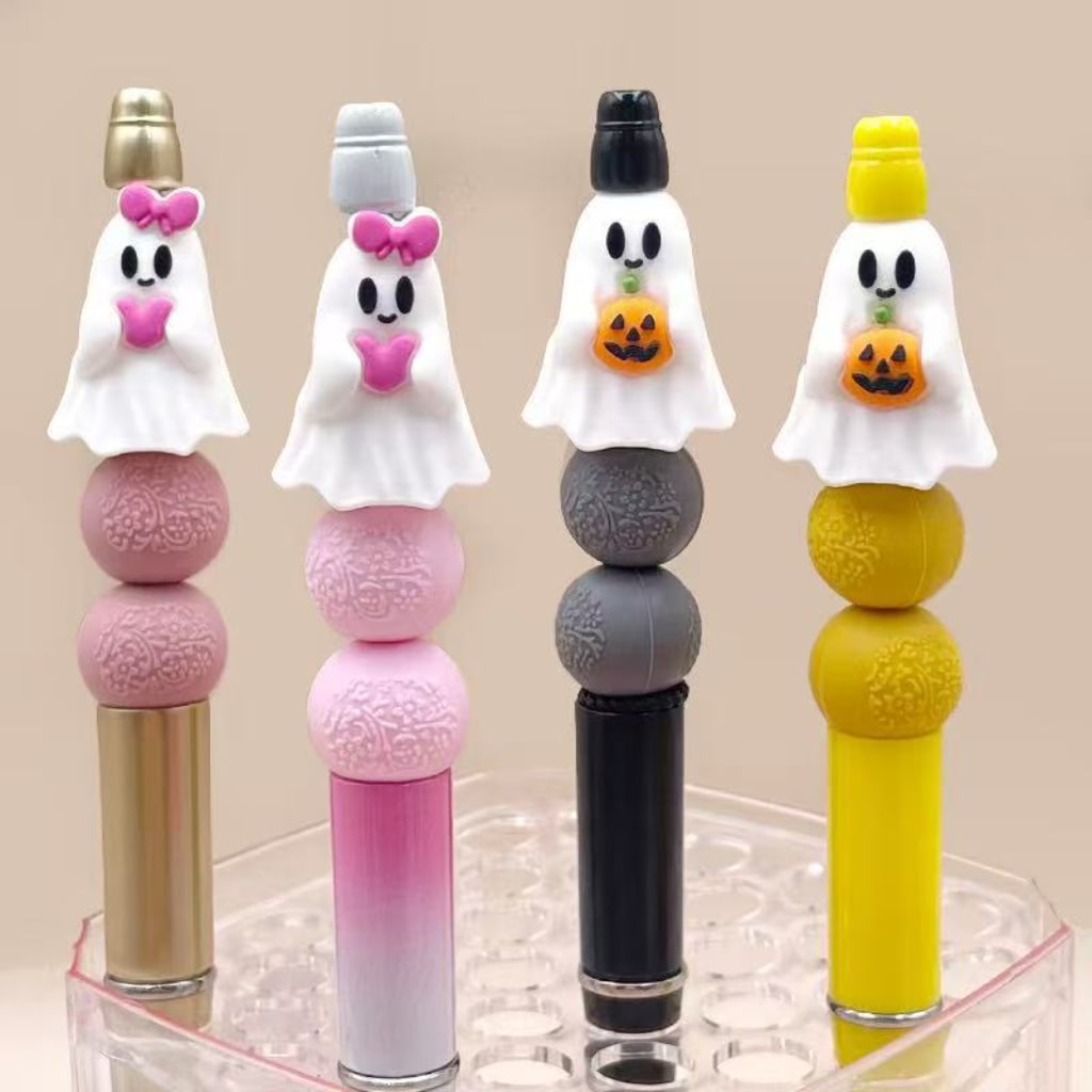 3D Cute White Ghost with Pink Heart Bowknot & Pumpkin Halloween Silicone Focal Beads