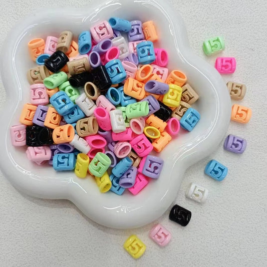 Acrylic Beads with Number 5 Arabic Digit, Solid Colors, Large Oval Hole, Random Assortment, 14x16MM