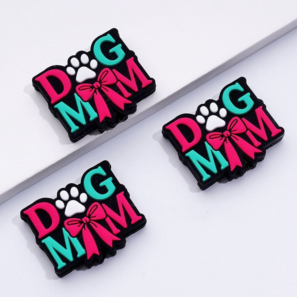 Dog Mom with Cute Paw Prints Red Bowknot Silicone Focal Beads