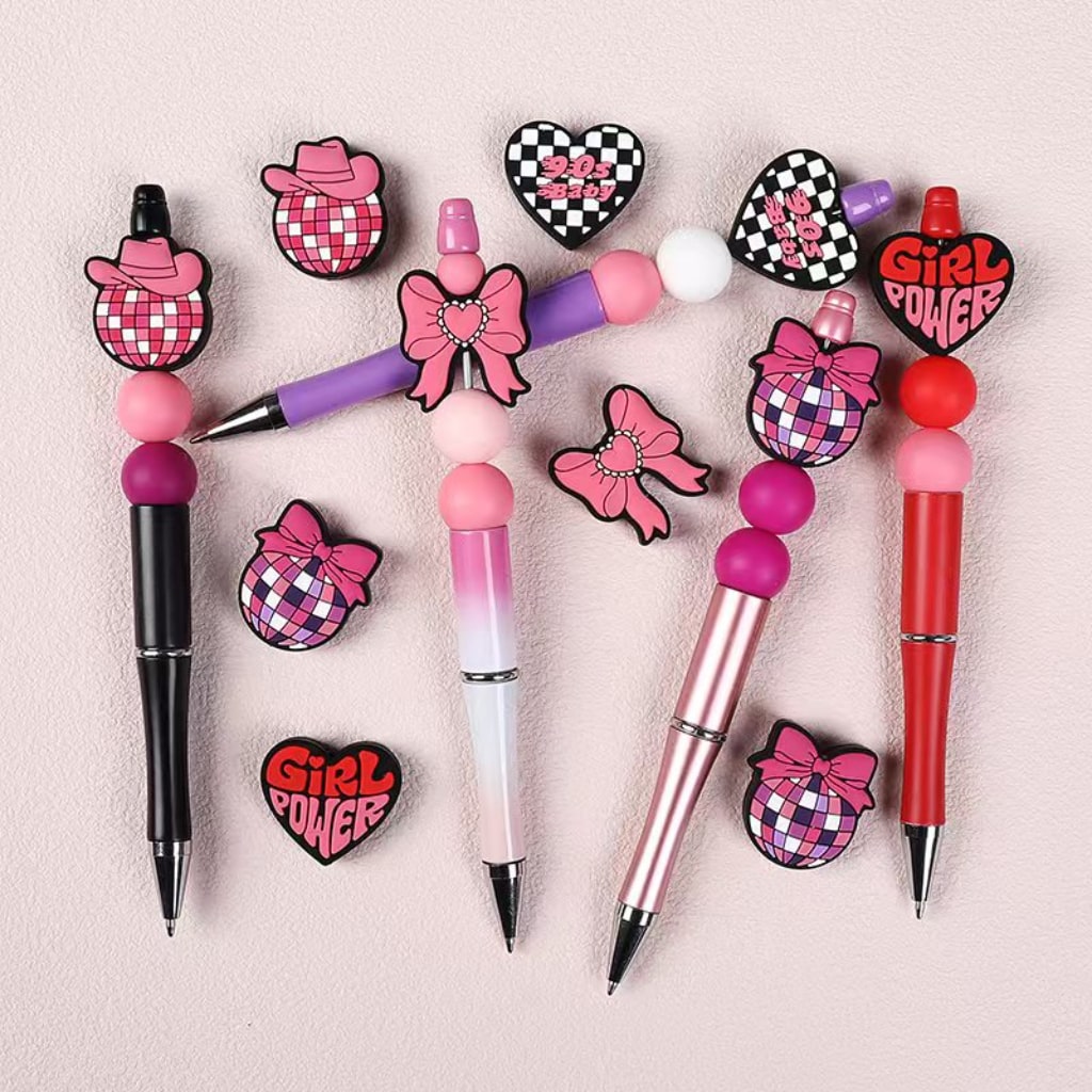 Adorable Silicone Focal Beads – Pink Bowknots & Hearts – 90s Baby Girl Power Series