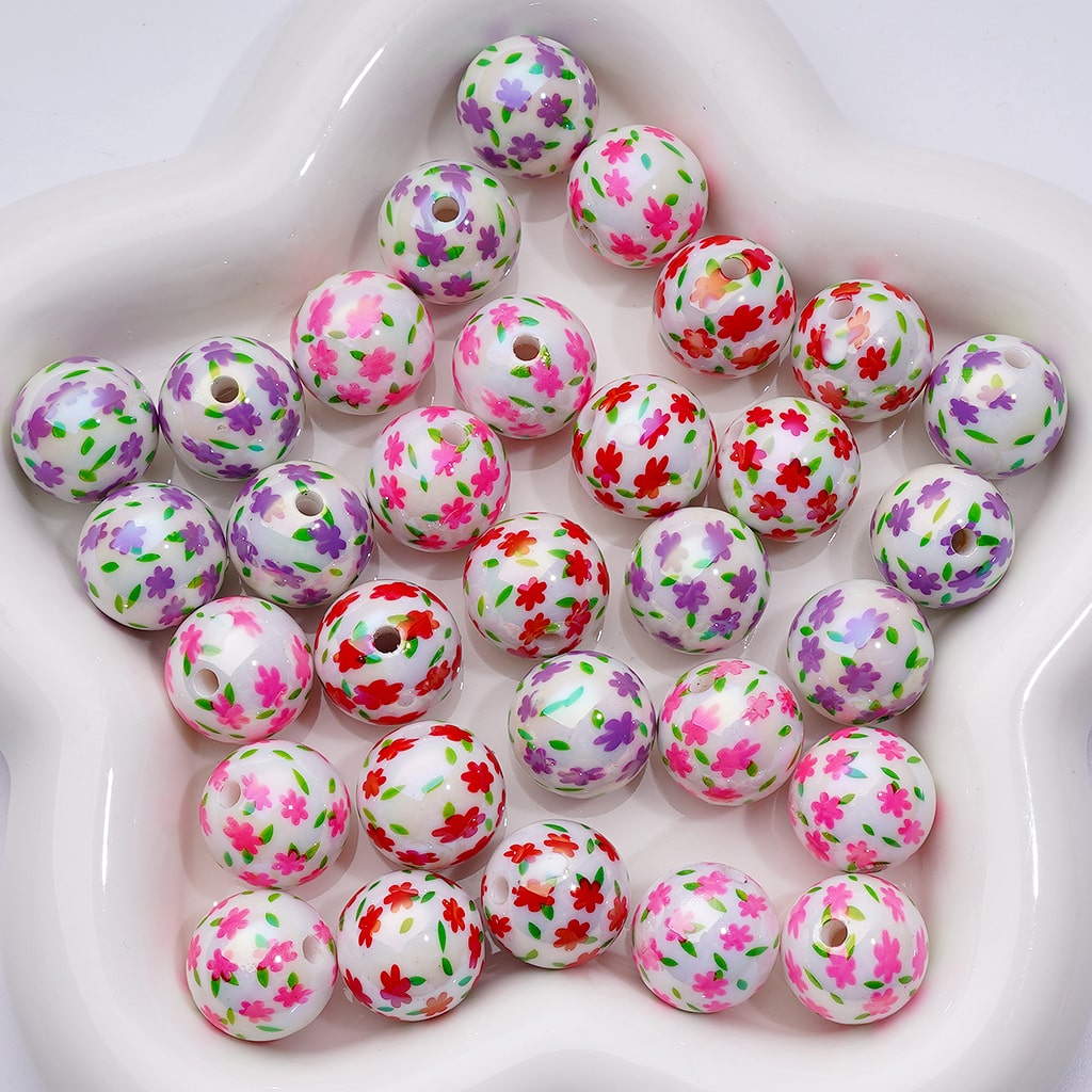 UV Coating Mini Purple Pink Red Flowers Round Acrylic Beads, 16MM