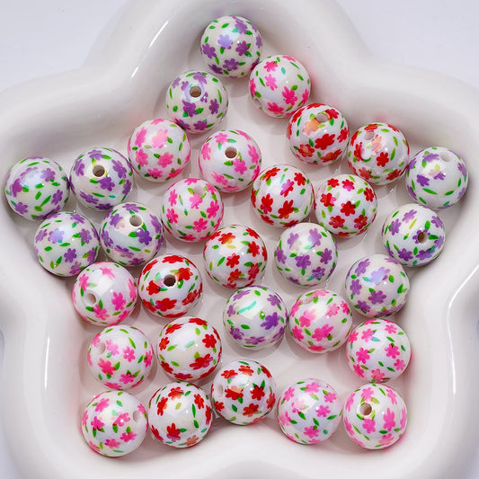 UV Coating Mini Purple Pink Red Flowers Round Acrylic Beads, 16MM