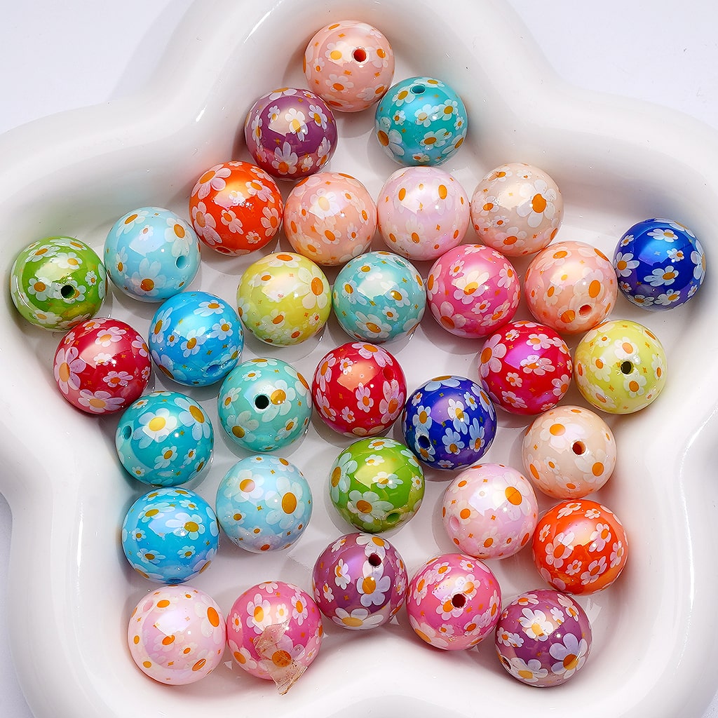 UV-Coated Acrylic Beads – Mini Floral Design in Purple, Pink & Red – 16MM Assorted Mix