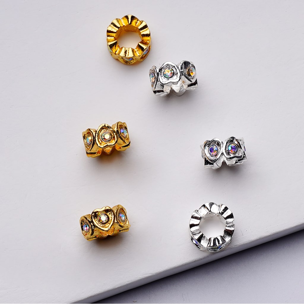 Delicate Mini Heart-Shaped Spacer Beads in Silver and Gold Metal with AB Rhinestones, 10MM