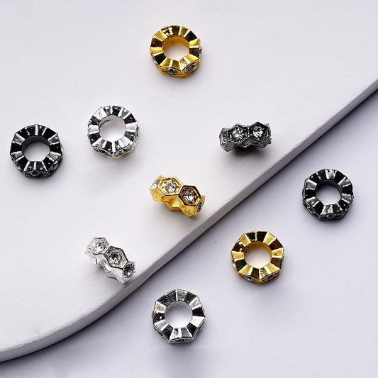 Exquisite Cute Gold Silver Gun Black Metal Hexagon Spacer with Clear Rhinestones, Around 10MM