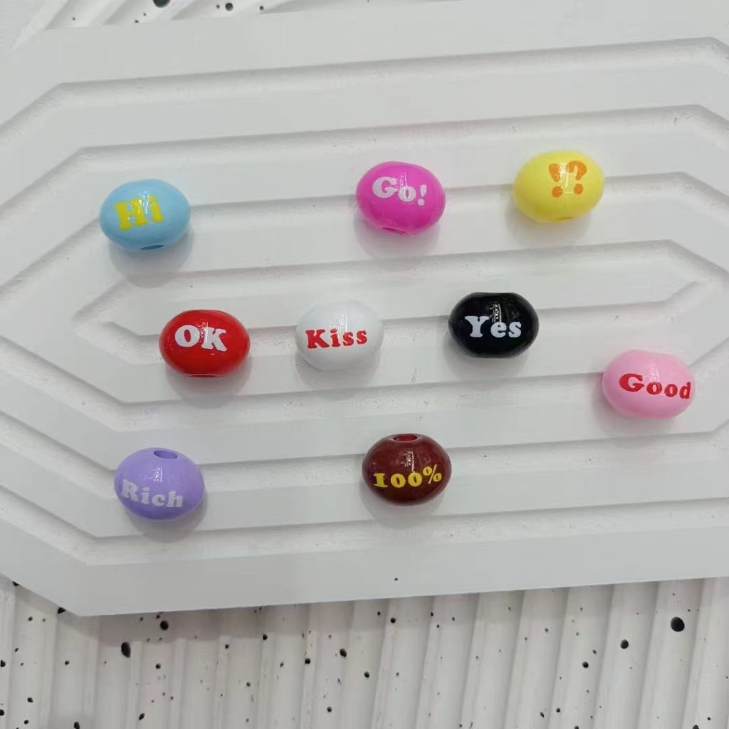 Mini Colorful Oval Beads with English Word Prints – Large Hole Acrylic, 13x15x20MM