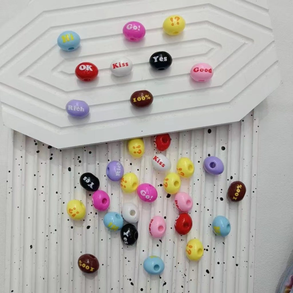 Mini Colorful Oval Beads with English Word Prints – Large Hole Acrylic, 13x15x20MM