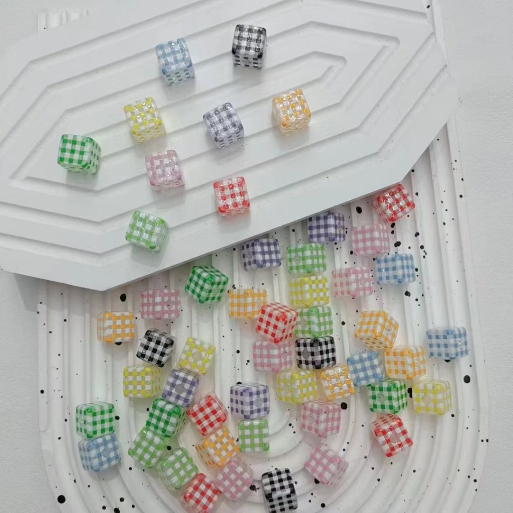 Pastel Checkered Cube Beads – Transparent Acrylic Squares, 14MM