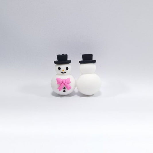 Adorable 3D Snowman Silicone Focal Beads – Black Hat & Pink Bowknot Charm