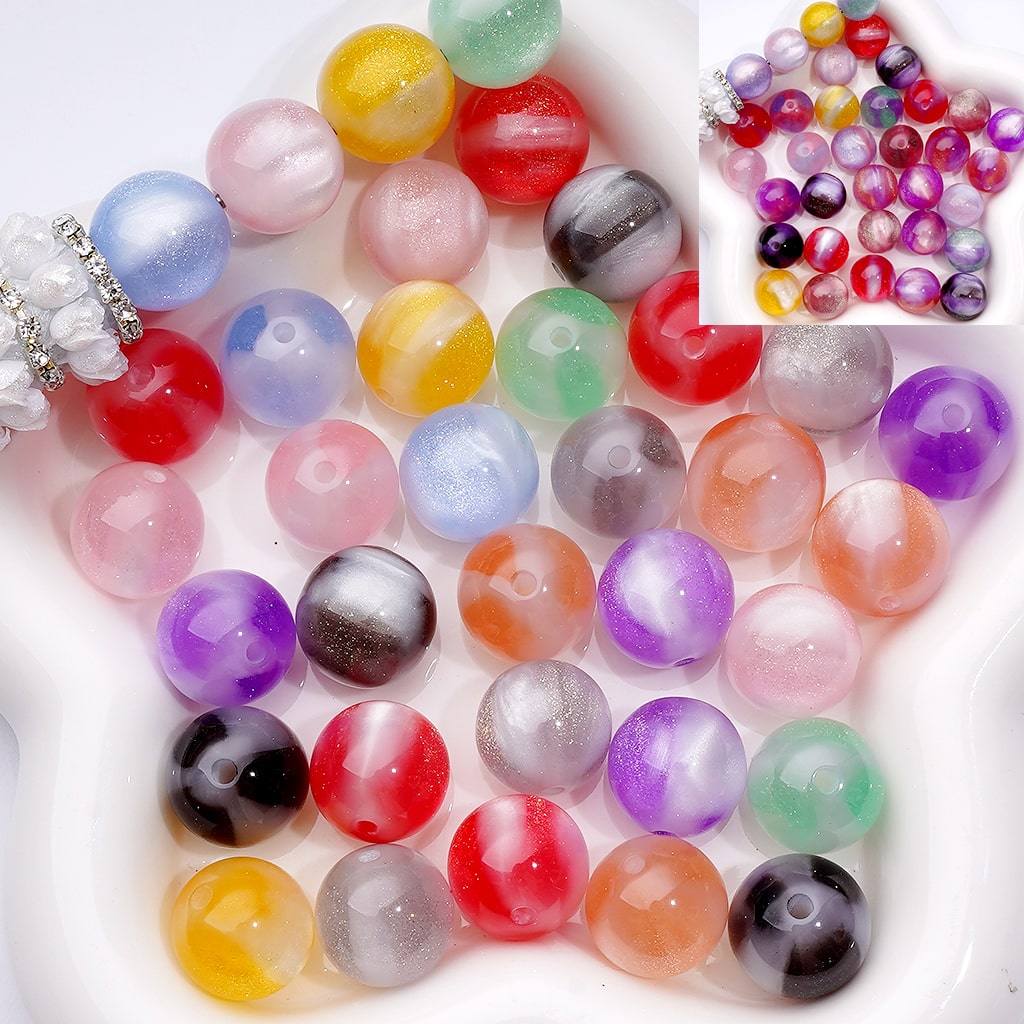 Trihedral Glitter Cat Eye Acrylic Beads – Color-Changing Round Design, 16MM