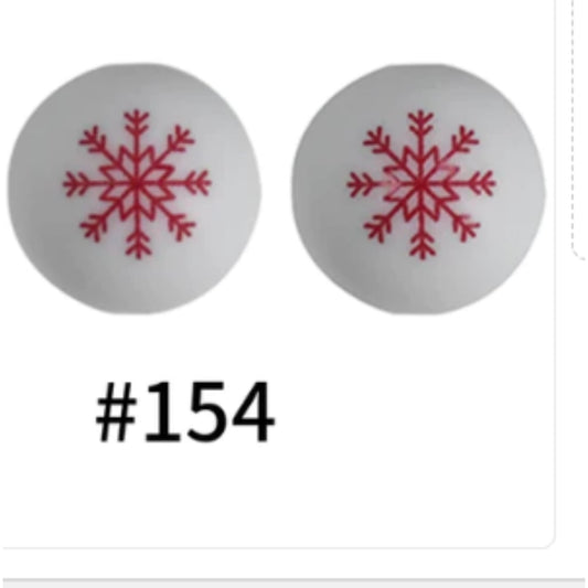 Festive 15MM Silicone Beads – Red Snowflake Printed Design, #154